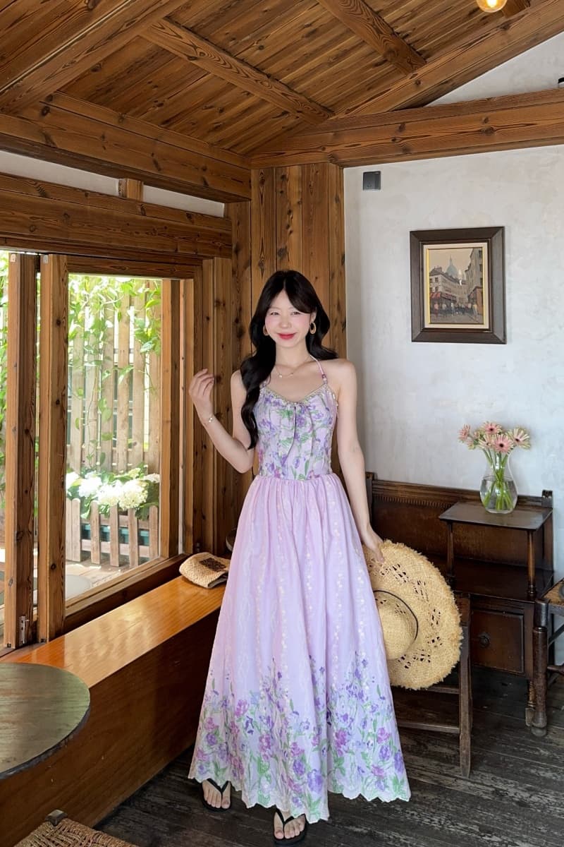 실사 정가 수채화 정원 롱 코트 행침 목 비즈 한 마디 허리 수축 프린트 여성 드레스 여름 프랑스식 치마 상세 이미지 7