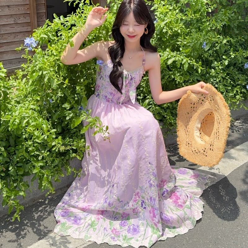 실사 정가 수채화 정원 롱 코트 행침 목 비즈 한 마디 허리 수축 프린트 여성 드레스 여름 프랑스식 치마 이미지 4