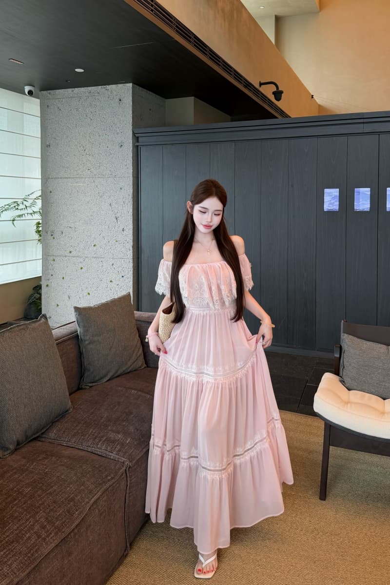 실사 정가 복숭아 안개 코튼 시뮬레이션 실크 빈 레이스 프릴 오프숄더 허리 수축 여성 드레스 상세 이미지 1