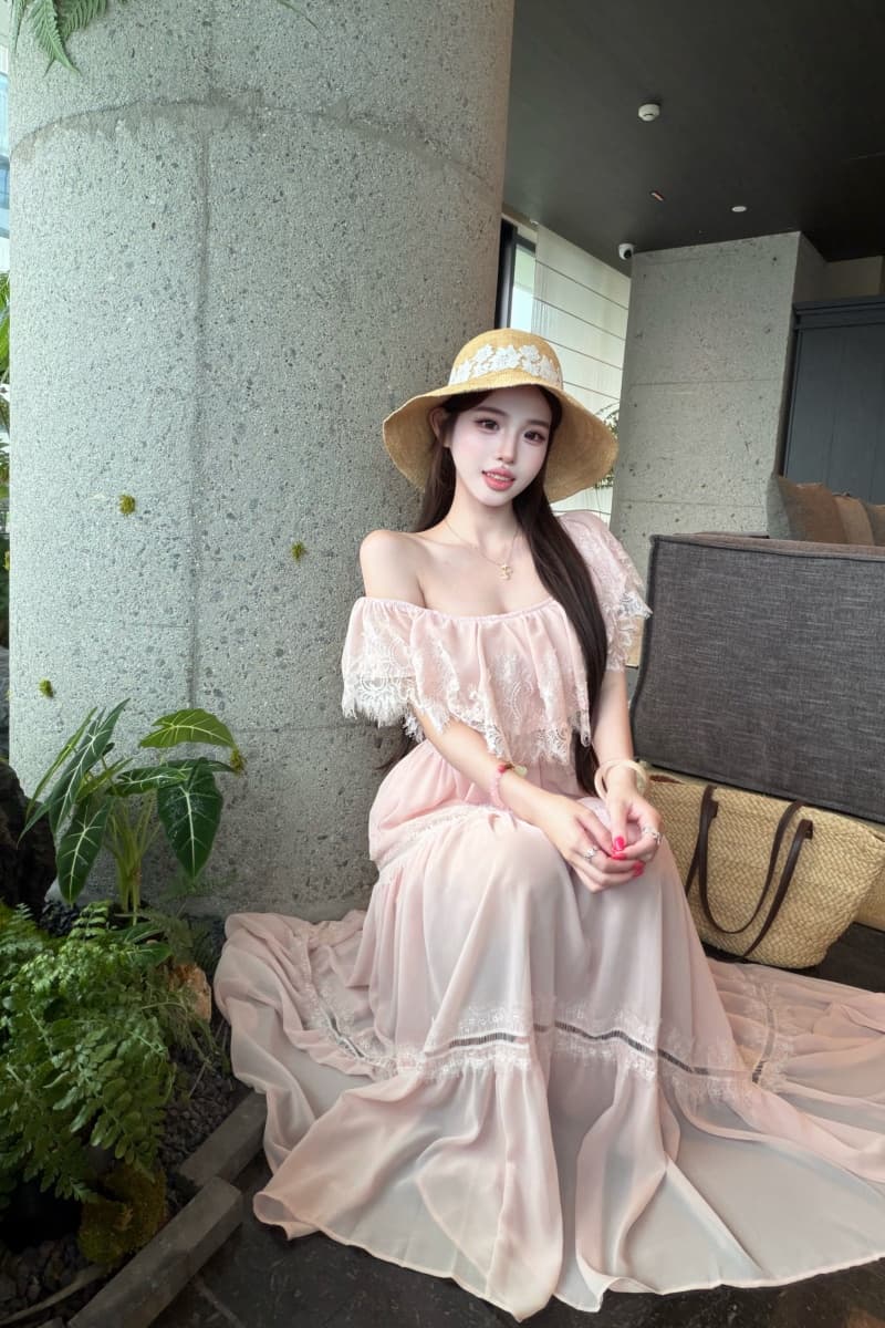 실사 정가 복숭아 안개 코튼 시뮬레이션 실크 빈 레이스 프릴 오프숄더 허리 수축 여성 드레스 상세 이미지 3