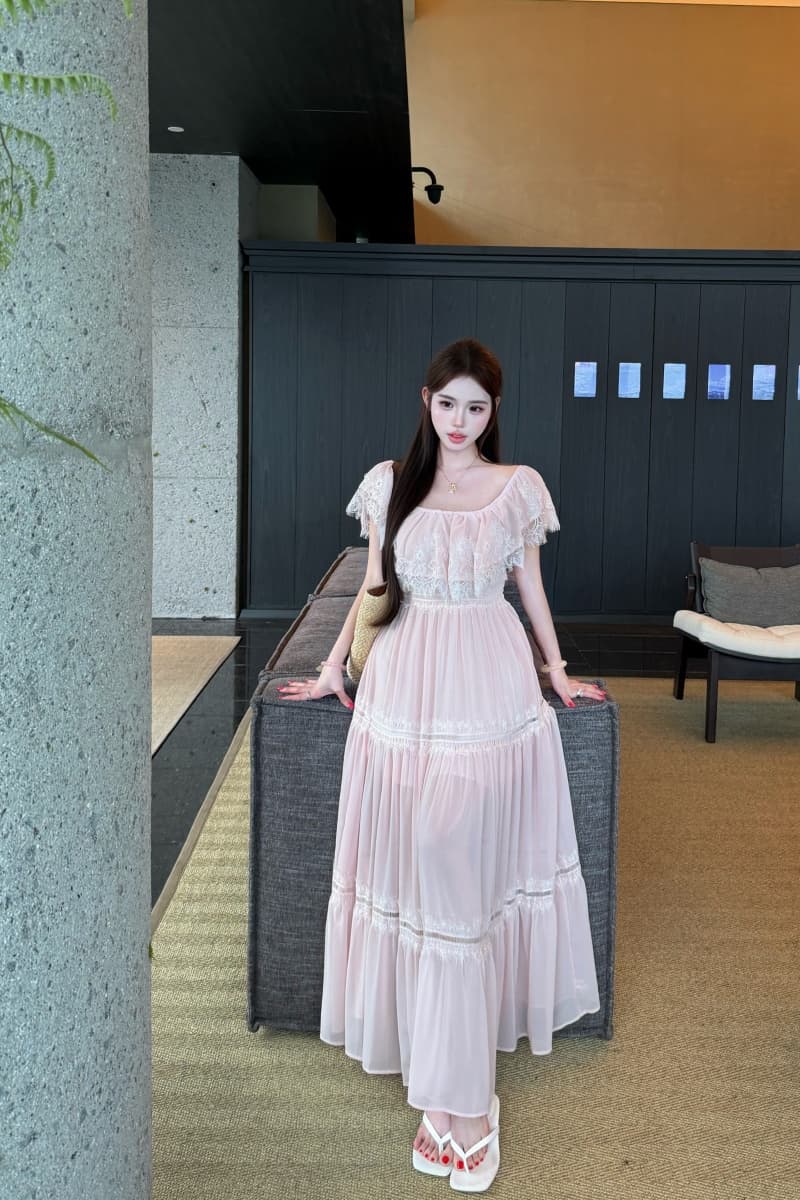 실사 정가 복숭아 안개 코튼 시뮬레이션 실크 빈 레이스 프릴 오프숄더 허리 수축 여성 드레스 상세 이미지 5