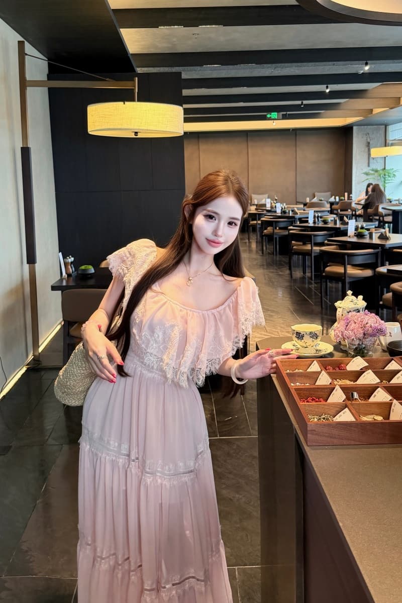 실사 정가 복숭아 안개 코튼 시뮬레이션 실크 빈 레이스 프릴 오프숄더 허리 수축 여성 드레스 상세 이미지 10