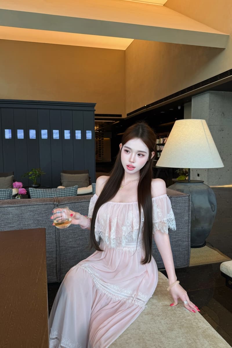 실사 정가 복숭아 안개 코튼 시뮬레이션 실크 빈 레이스 프릴 오프숄더 허리 수축 여성 드레스 상세 이미지 15