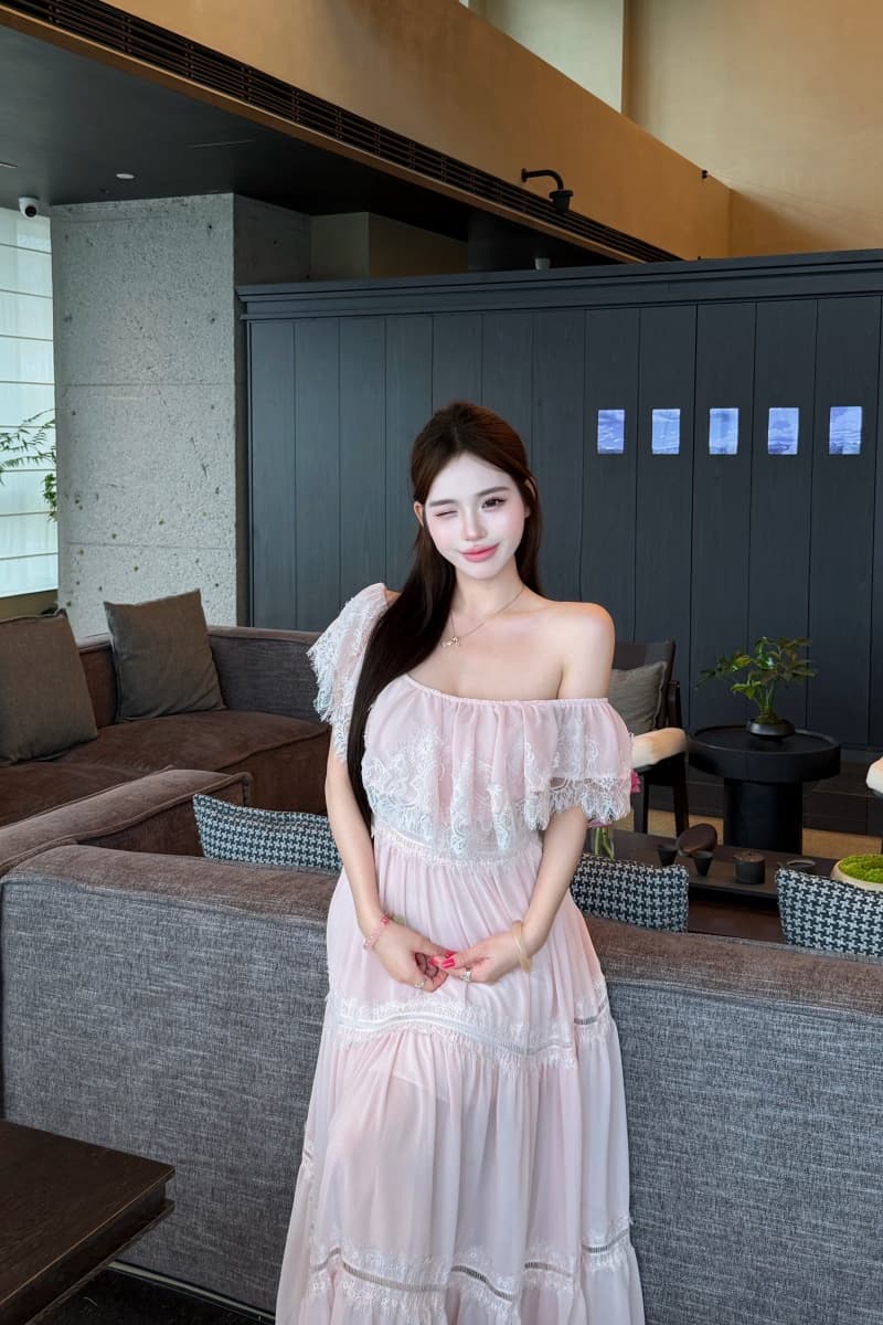 실사 정가 복숭아 안개 코튼 시뮬레이션 실크 빈 레이스 프릴 오프숄더 허리 수축 여성 드레스 상세 이미지 18