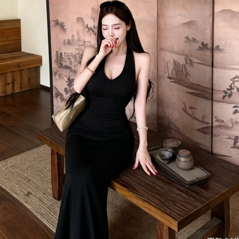 실사 정가 프랑스식 V넥 행침 목 드레스 롱 스커트 이미지 2