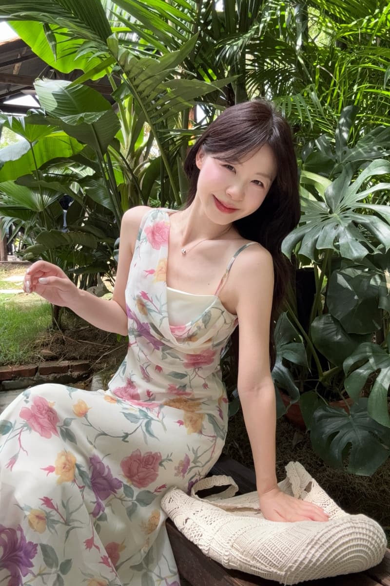 실사 정가 향기로운 블루 정원 레트로 프랑스식 프린트 허리 수축 비스듬한 흔들다 칼라 휴가 슬립 롱 스커트 여성 상세 이미지 5