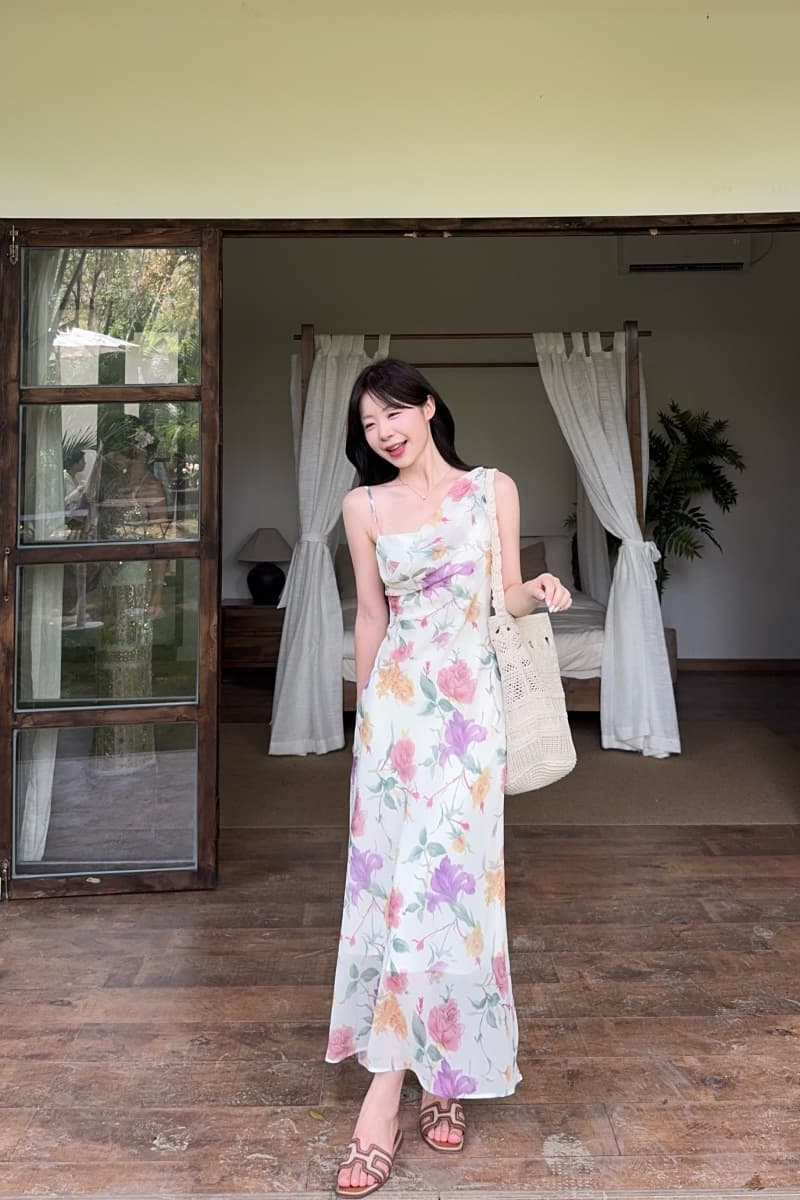 실사 정가 향기로운 블루 정원 레트로 프랑스식 프린트 허리 수축 비스듬한 흔들다 칼라 휴가 슬립 롱 스커트 여성 상세 이미지 7