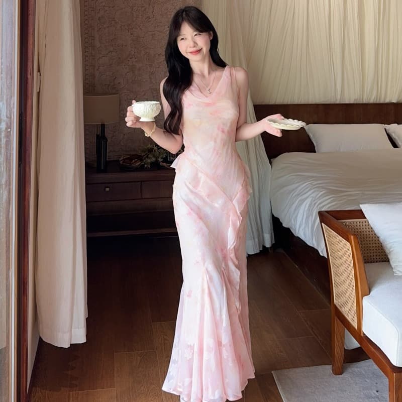 실사 정가 꽃 계곡 인어 슬립 꽃무늬 치마 롱 스커트 몸매 가꾸기 드레스 비스듬한 자르다 인어 꼬리 스커트 이미지 4