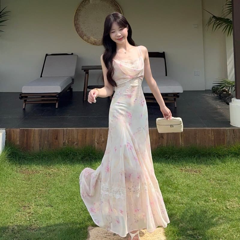 실사 정가 꽃 신 푸 로라 프랑스식 흔들다 칼라 레이스 조각 드레스 프린트 롱 코트 슬립 드레스
