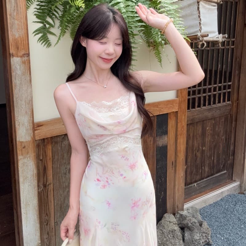 실사 정가 꽃 신 푸 로라 프랑스식 흔들다 칼라 레이스 조각 드레스 프린트 롱 코트 슬립 드레스 이미지 5