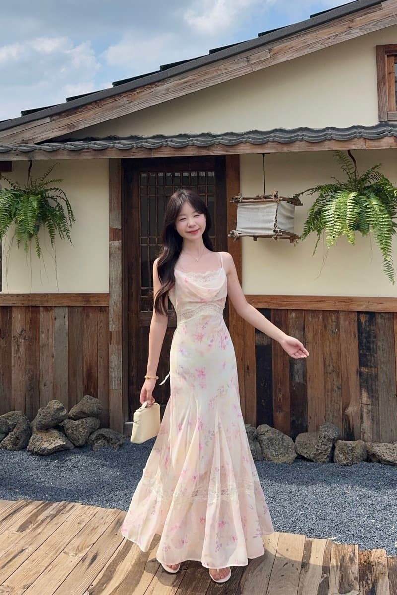 실사 정가 꽃 신 푸 로라 프랑스식 흔들다 칼라 레이스 조각 드레스 프린트 롱 코트 슬립 드레스 이미지 6