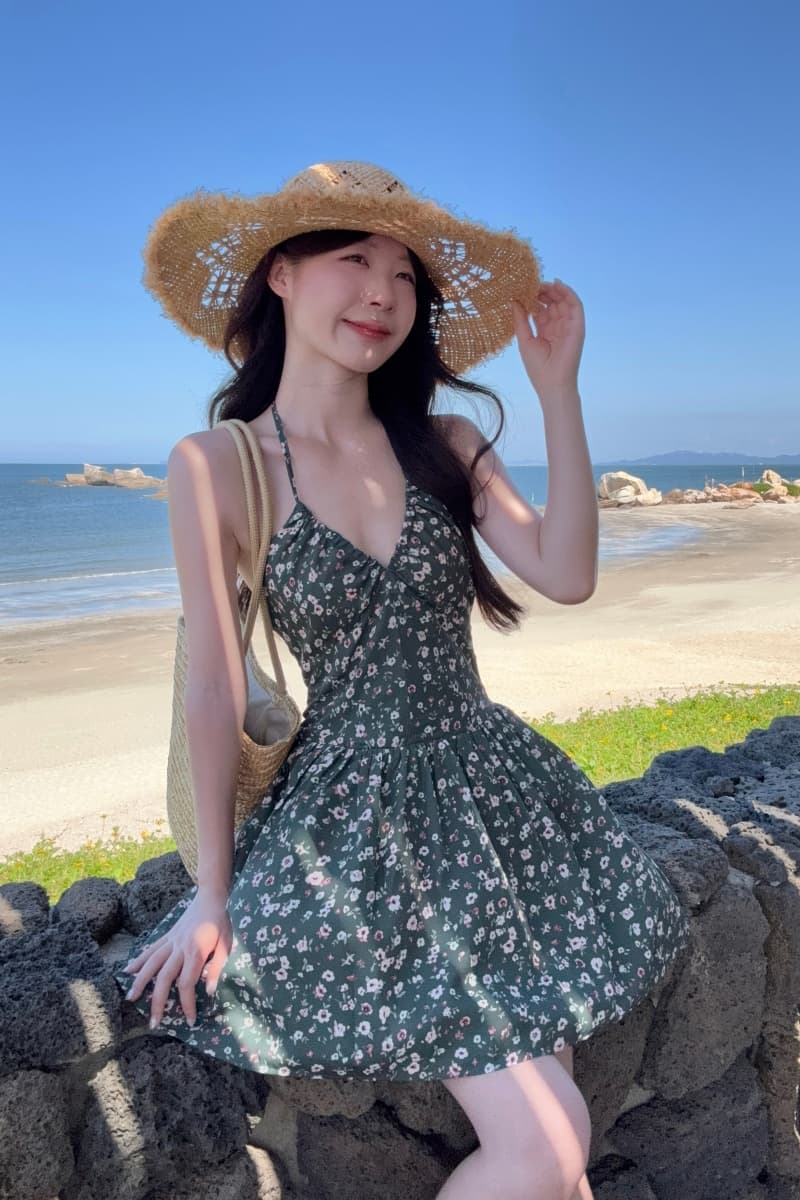 실사 정가 주석 섬 깨진 꿈 녹색 꽃무늬 행침 목 여름 새로운 허리 수축 슬림해 보이는 튜브탑 치마 상세 이미지 3