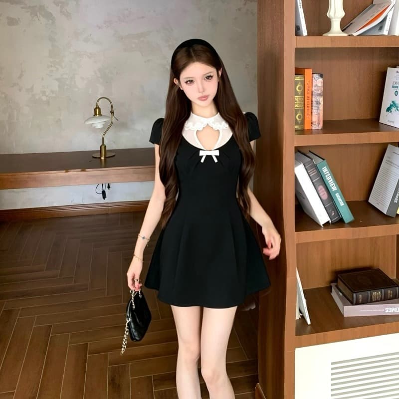 실사 정가 비공개 상속인 도트 무늬 피터 팬 칼라 레이스 홀로우 아웃 패치워크 거품 소매 드레스 이미지 5