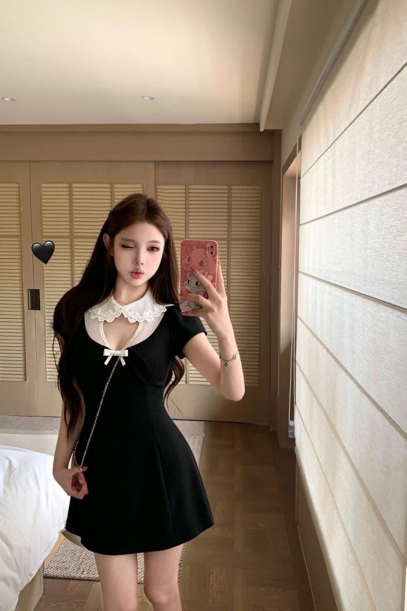 실사 정가 비공개 상속인 도트 무늬 피터 팬 칼라 레이스 홀로우 아웃 패치워크 거품 소매 드레스 이미지 6