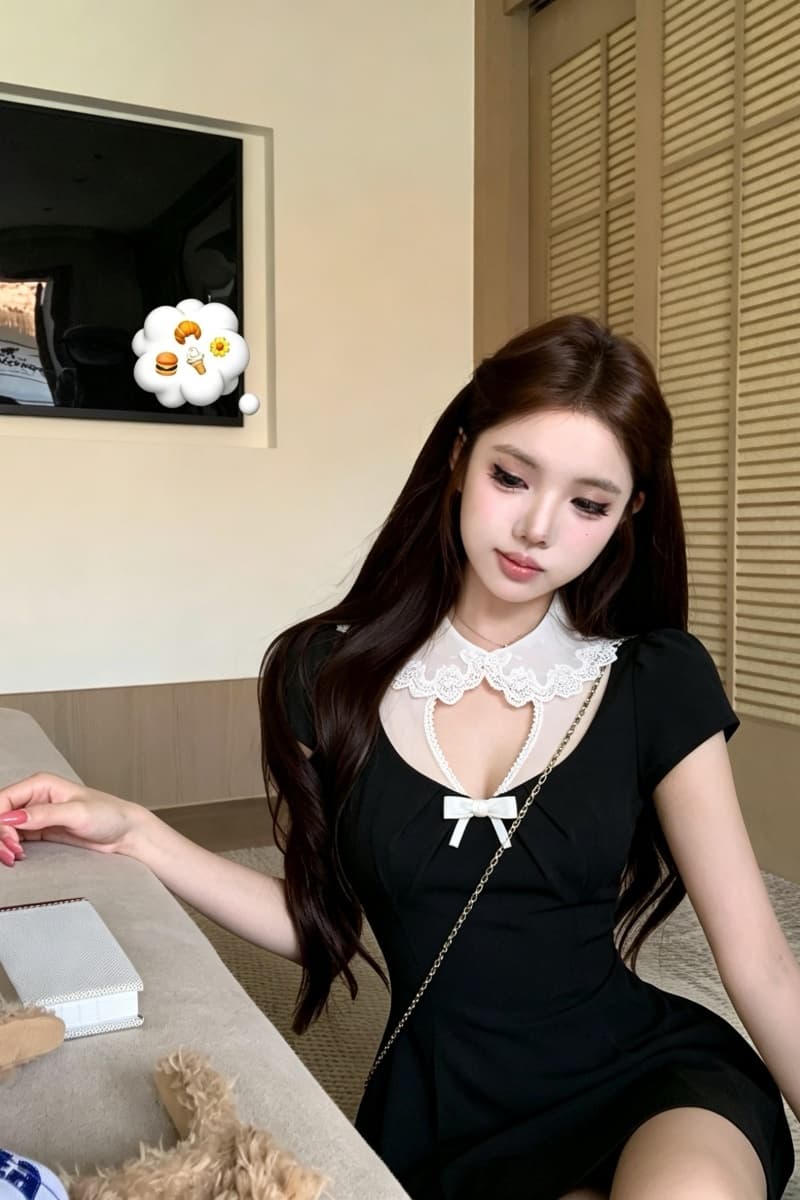 실사 정가 비공개 상속인 도트 무늬 피터 팬 칼라 레이스 홀로우 아웃 패치워크 거품 소매 드레스 상세 이미지 7