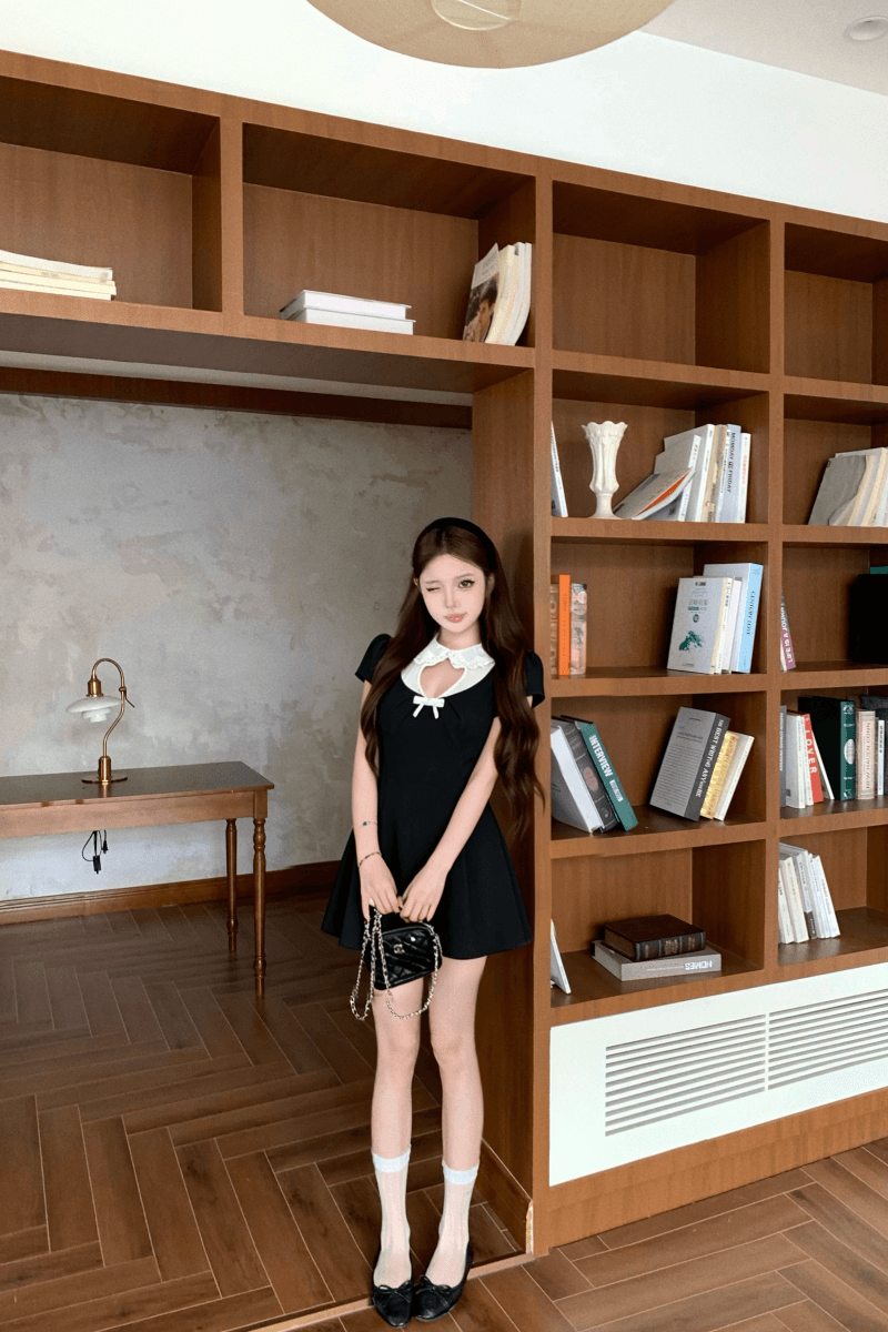 실사 정가 비공개 상속인 도트 무늬 피터 팬 칼라 레이스 홀로우 아웃 패치워크 거품 소매 드레스 상세 이미지 11