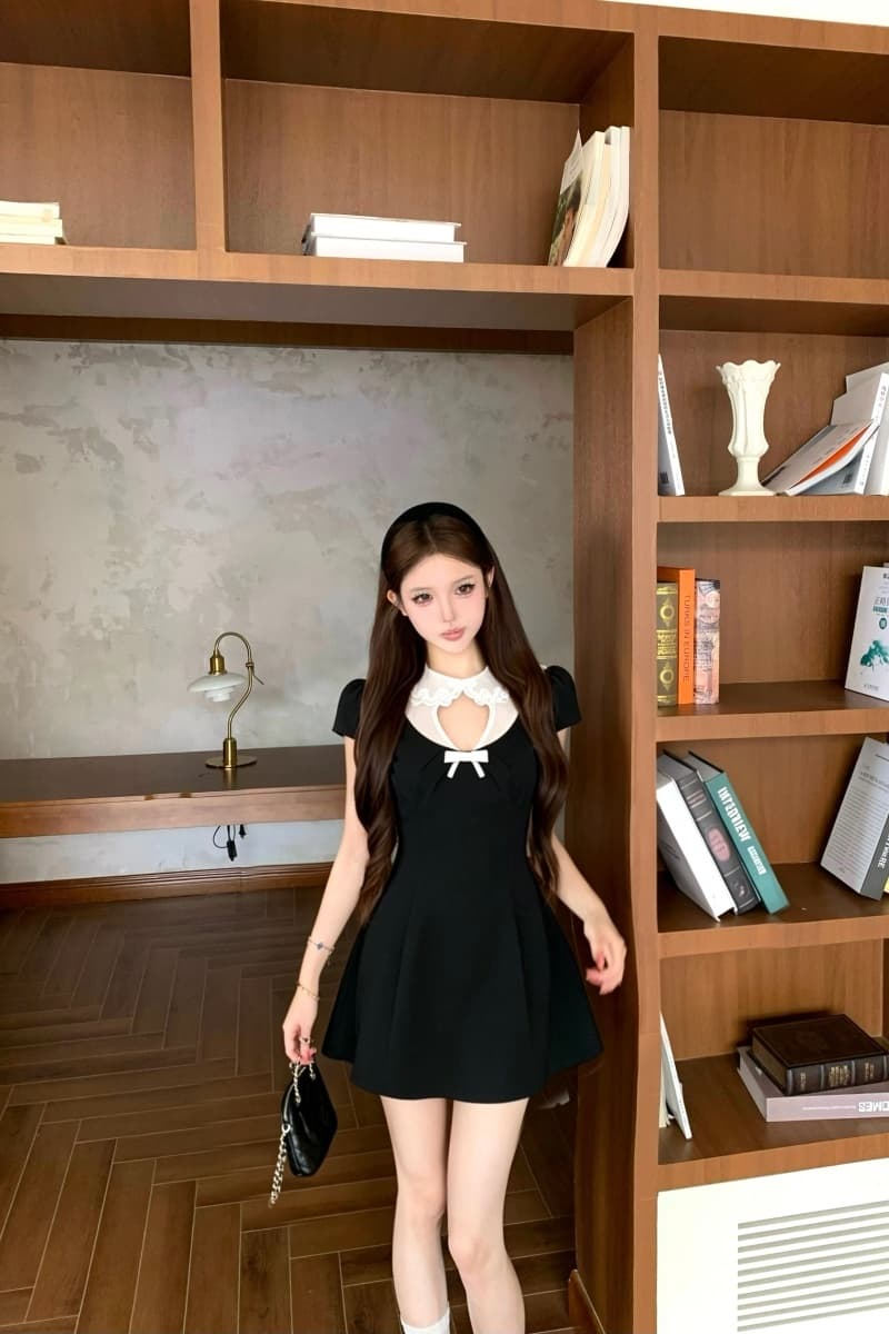 실사 정가 비공개 상속인 도트 무늬 피터 팬 칼라 레이스 홀로우 아웃 패치워크 거품 소매 드레스 상세 이미지 12