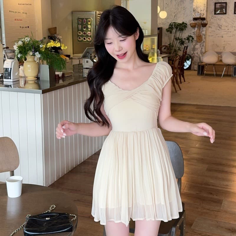 실사 정가 살구 안개 부드러운 포즈 쉬폰 여성 드레스 여름 고급 센스 품격 슬림해 보이는 허리 수축 치마 이미지 2