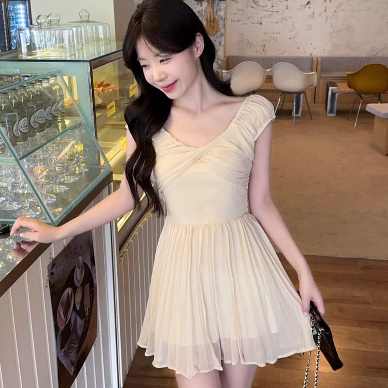 실사 정가 살구 안개 부드러운 포즈 쉬폰 여성 드레스 여름 고급 센스 품격 슬림해 보이는 허리 수축 치마 이미지 4