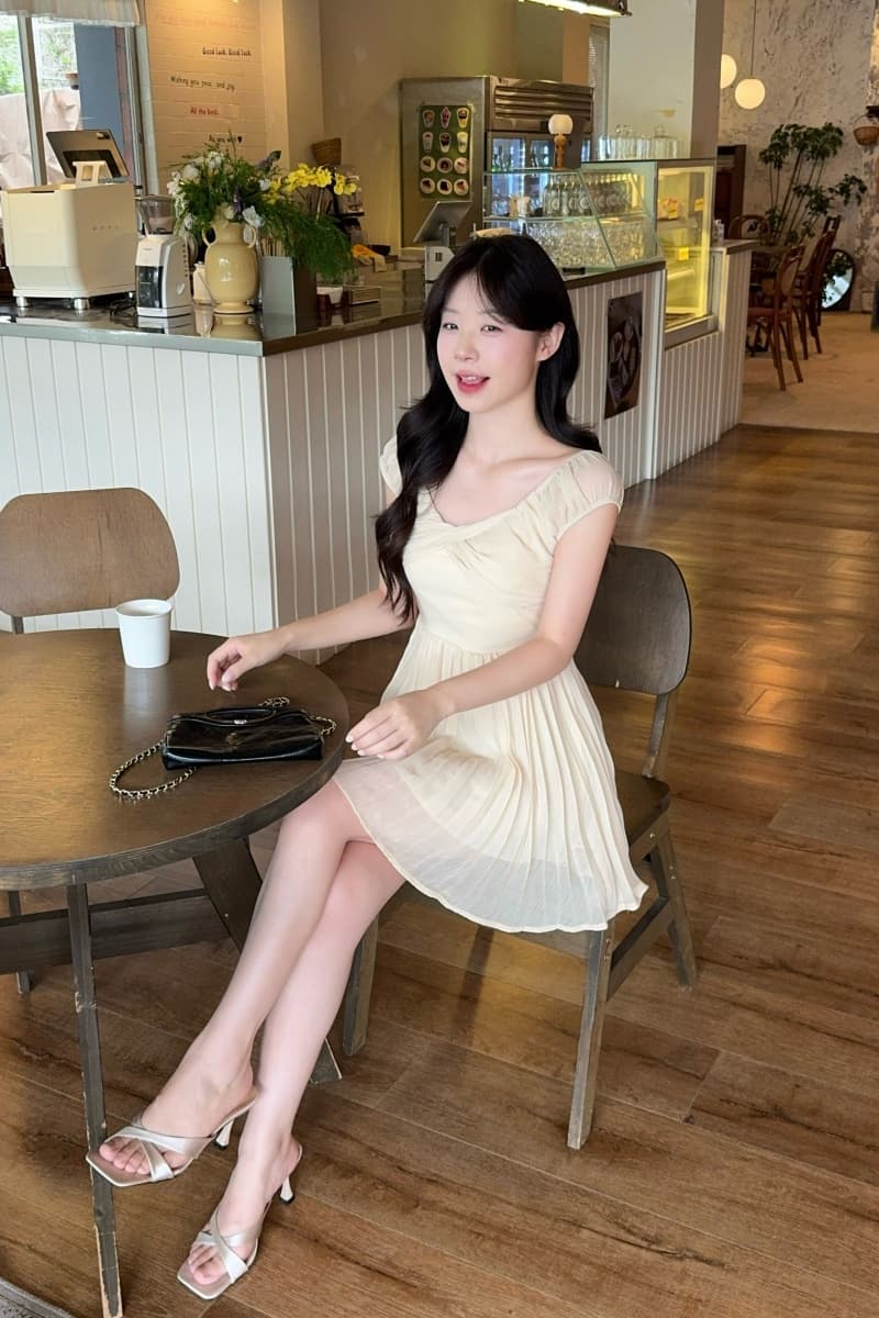실사 정가 살구 안개 부드러운 포즈 쉬폰 여성 드레스 여름 고급 센스 품격 슬림해 보이는 허리 수축 치마 상세 이미지 2