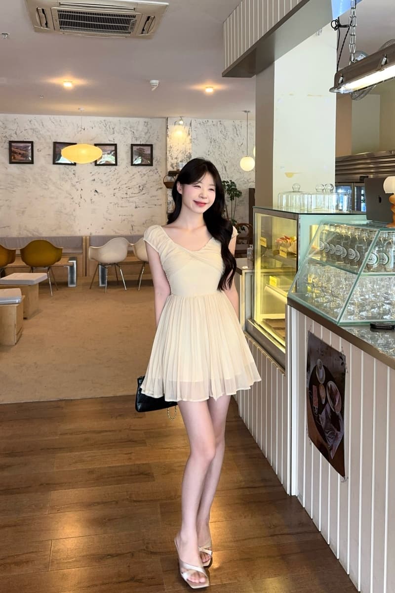 실사 정가 살구 안개 부드러운 포즈 쉬폰 여성 드레스 여름 고급 센스 품격 슬림해 보이는 허리 수축 치마 상세 이미지 5