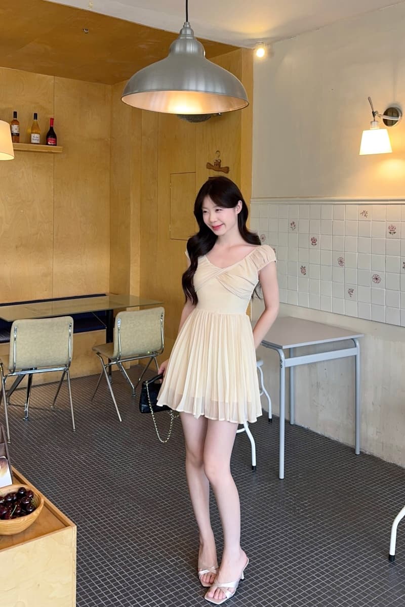 실사 정가 살구 안개 부드러운 포즈 쉬폰 여성 드레스 여름 고급 센스 품격 슬림해 보이는 허리 수축 치마 상세 이미지 13