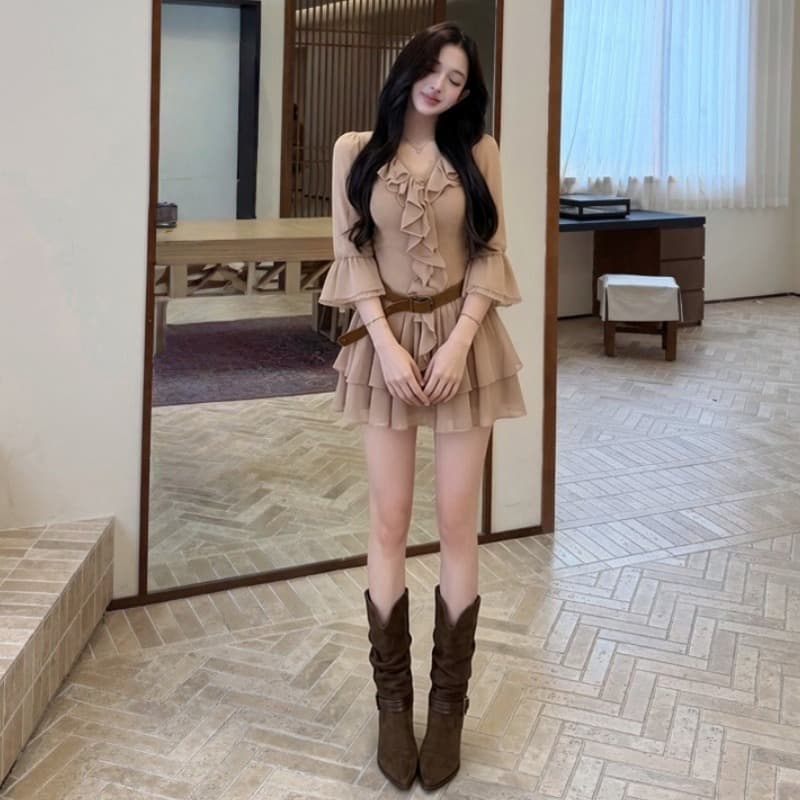 실사 정가 바이올렛 꽃말 프릴 V넥 높음 허리 수축 드레스 저녁 식사 작은 모임 이미지 5