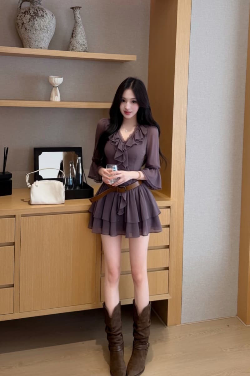 실사 정가 바이올렛 꽃말 프릴 V넥 높음 허리 수축 드레스 저녁 식사 작은 모임 상세 이미지 4