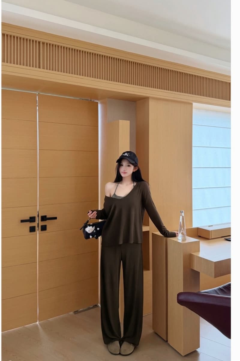 실사 정가 free 느슨함 주간 접시 걷기 시리즈 양성 및 음성 둘 착용 V넥 긴팔 캐주얼 세트 상세 이미지 8
