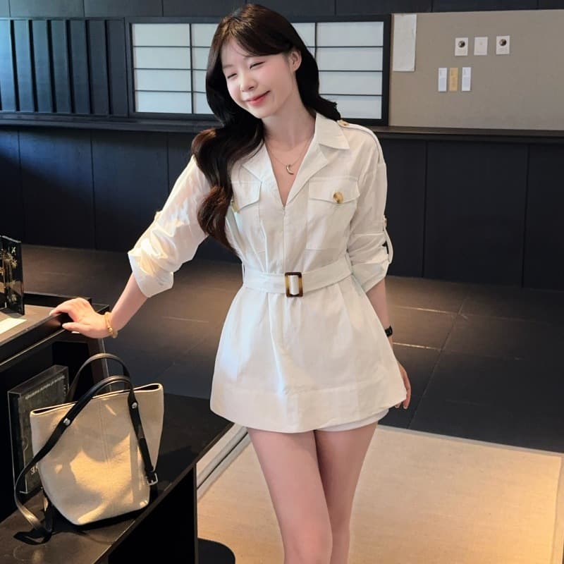 실사 정가 느슨함 센스 오래된 돈 아마 셔츠 드레스 아이들 품격 긴팔 미니 스커트 이미지 5