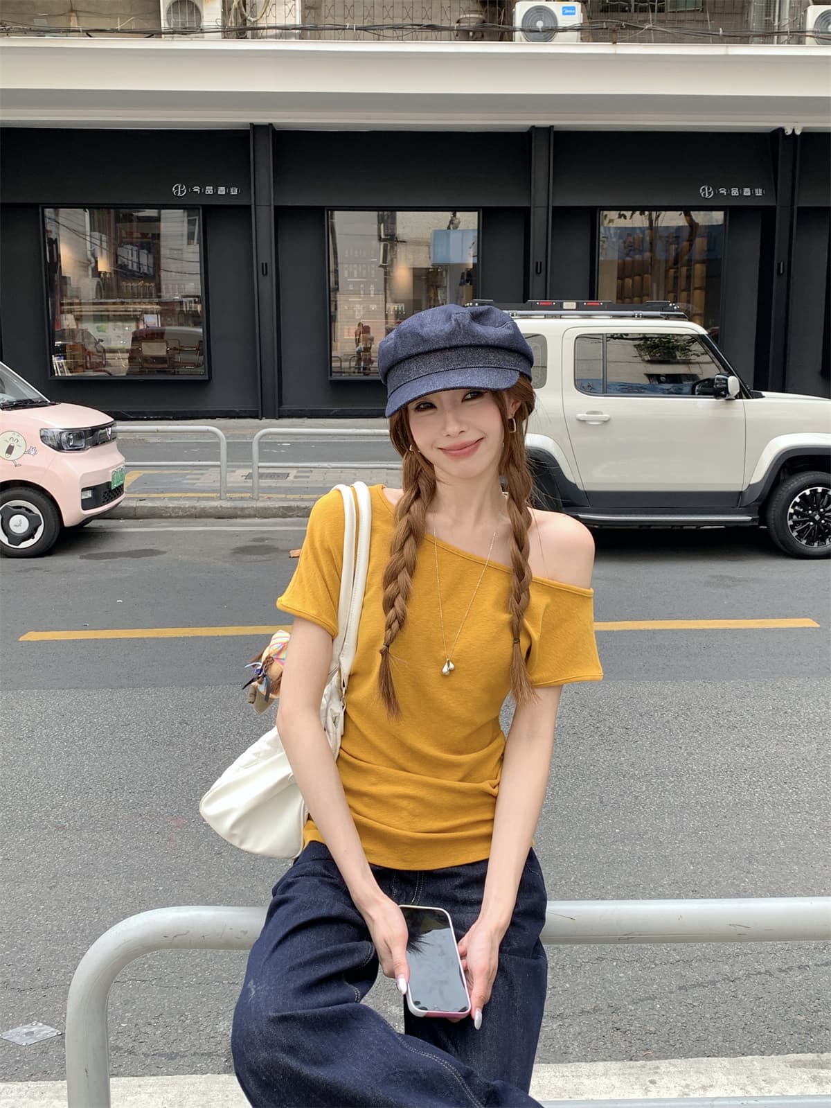 실사 정가 여름 한국 스타일 몸매 가꾸기 핫걸 비스듬한 어깨 품격 주름 디자인 눈꽃 양모 반팔 티셔츠 맨위 상세 이미지 13