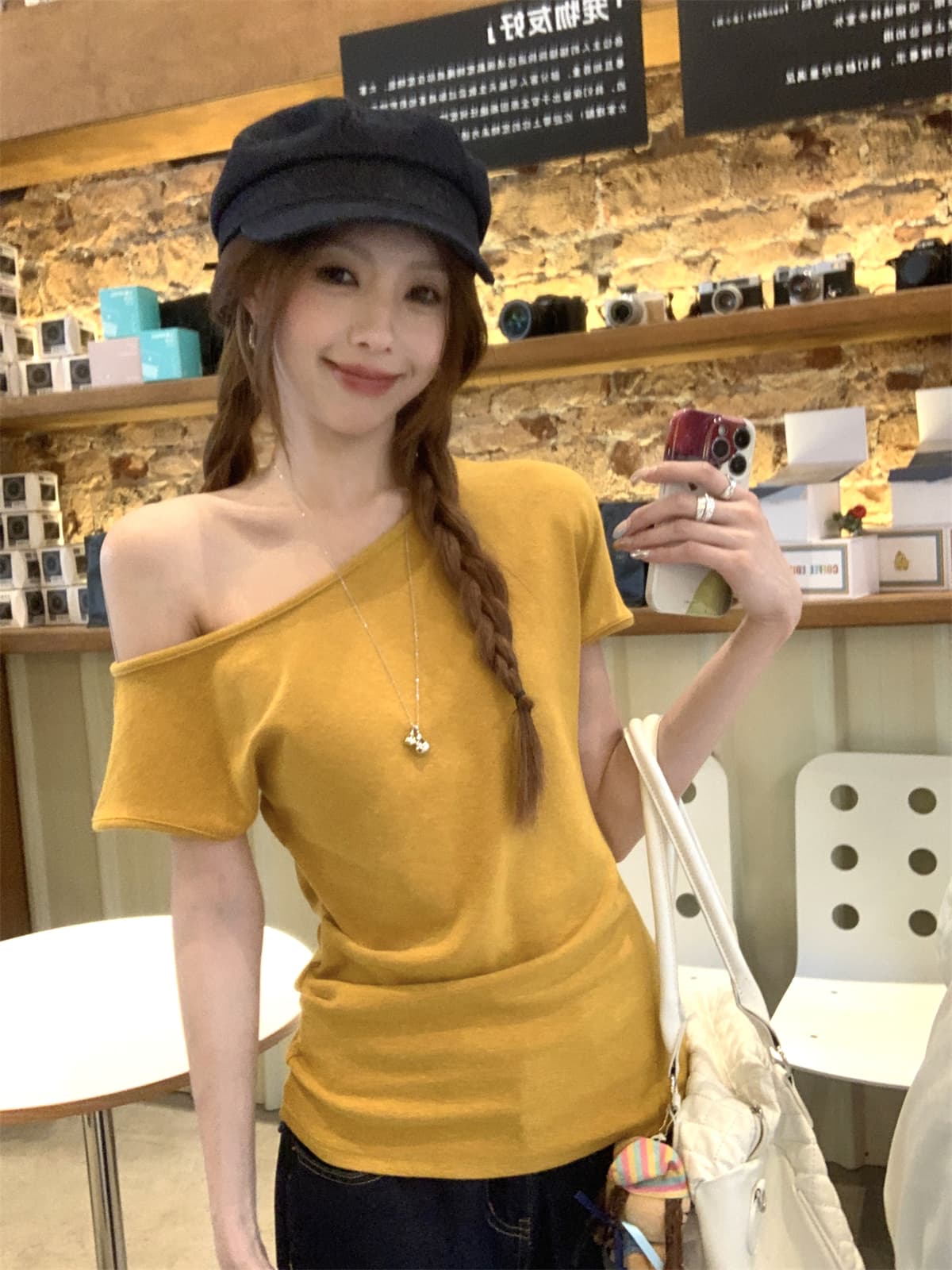 실사 정가 여름 한국 스타일 몸매 가꾸기 핫걸 비스듬한 어깨 품격 주름 디자인 눈꽃 양모 반팔 티셔츠 맨위 상세 이미지 26