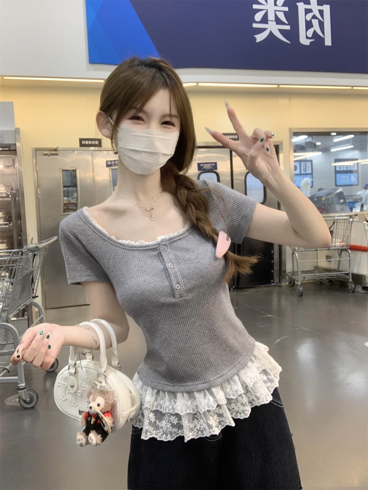 실사 정가 여름 한국 스타일 품격 연령 감소 광장 칼라 부드러운 다용도 레이스 조각 치마 반팔 티셔츠 맨위 상세 이미지 9