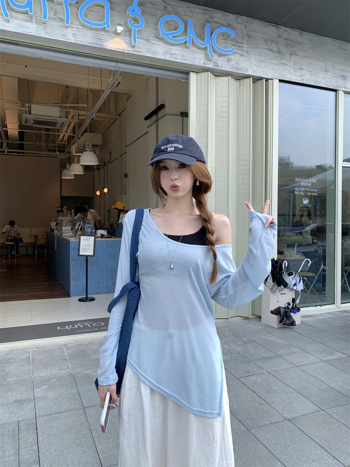 실사 정가 봄 여름 한국 스타일 루즈핏 비스듬한 어깨 불규칙 트임 디자인 주간 실크 자외선 차단 블라우스 티셔츠 맨위 여성 상세 이미지 13
