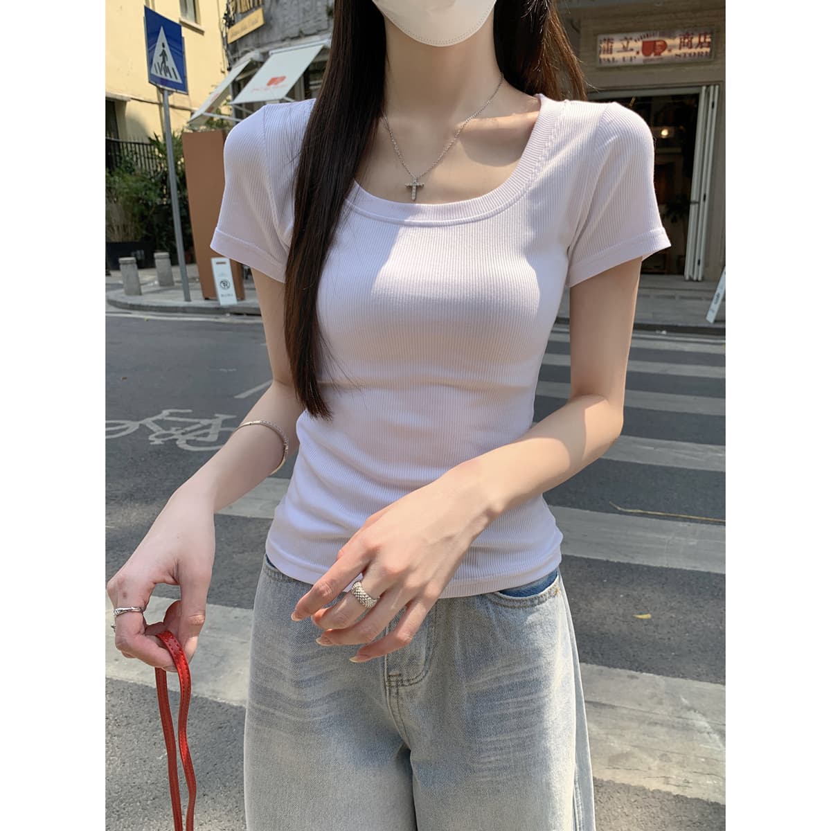 실사 정가 여름 한국 스타일 품격 순수한 욕망 광장 칼라 부드러운 찹쌀 몸매 가꾸기 핫걸 긍정적 인 어깨 슬림해 보이는 반팔 티셔츠 맨위 이미지 3