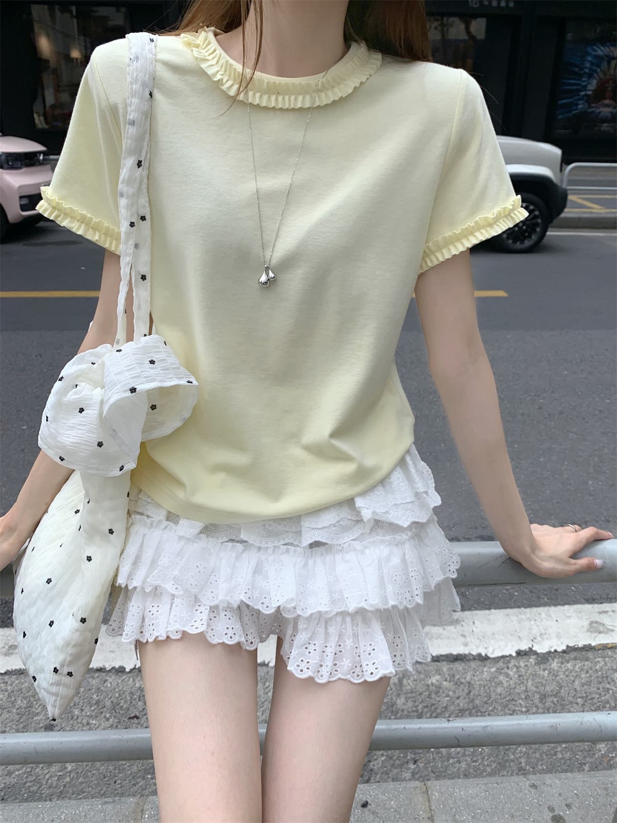 실사 정가 여름 한국 스타일 달콤함 연령 감소 라운드 넥 레이스 디자인 센스 루즈핏 다용도 반팔 티셔츠 맨위 여성 상세 이미지 7