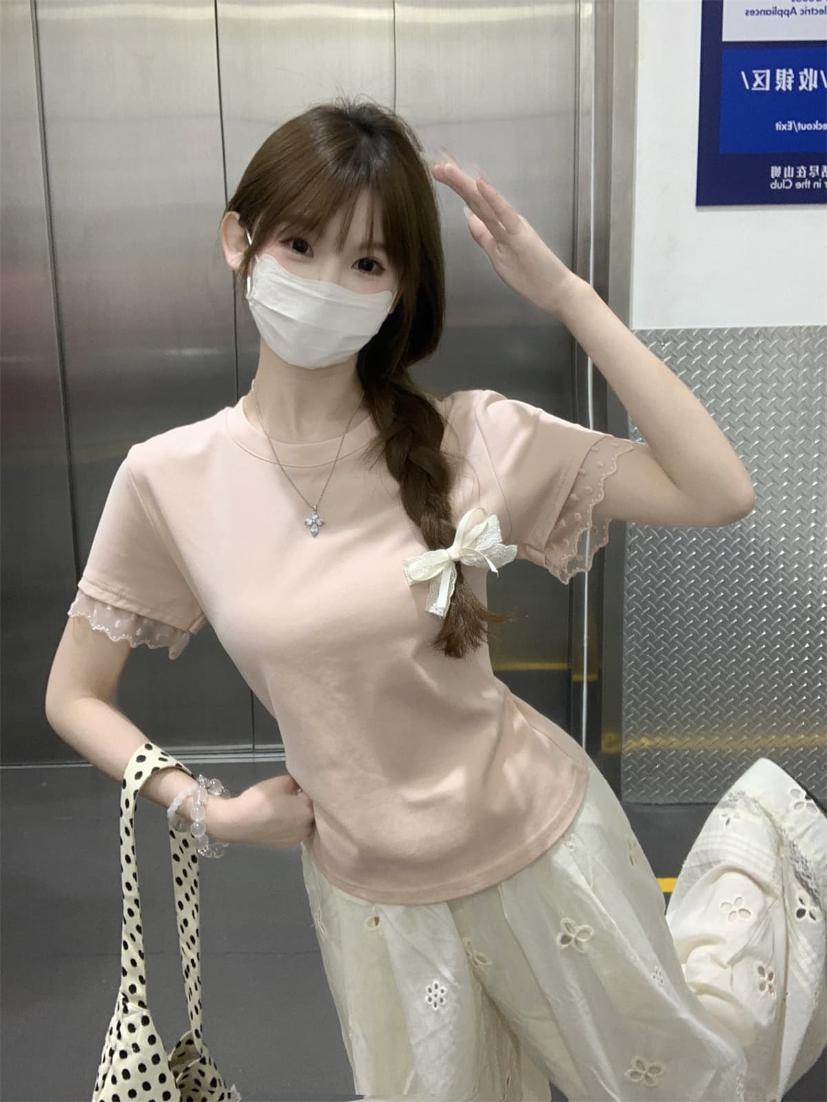 실사 정가 여름 한국 스타일 순수한 욕망 부드러운 다용도 라운드 넥 레이스 소매 측면 패치워크 디자인 반팔 티셔츠 맨위 상세 이미지 5