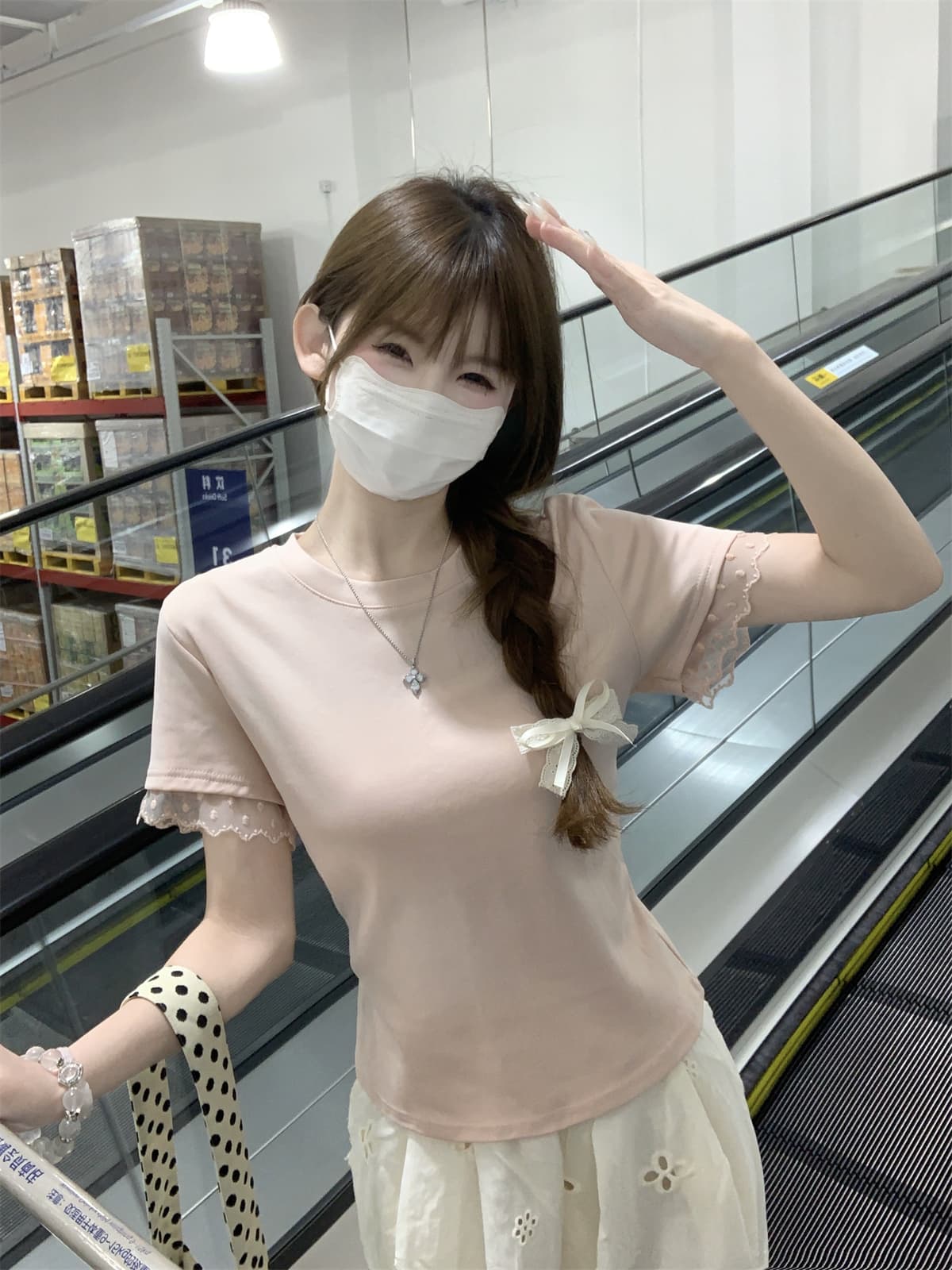 실사 정가 여름 한국 스타일 순수한 욕망 부드러운 다용도 라운드 넥 레이스 소매 측면 패치워크 디자인 반팔 티셔츠 맨위 상세 이미지 6