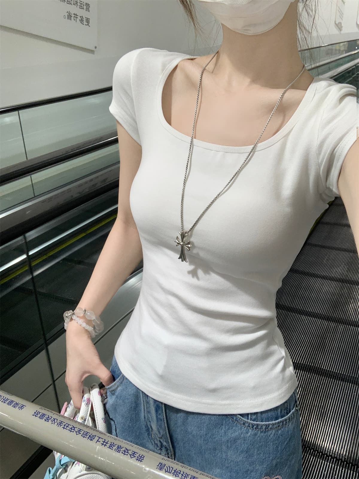 실사 정가 여름 한국 스타일 순수한 욕망 품격 광장 칼라 몸매 가꾸기 핫걸 다용도 슬림해 보이는 순면 반팔 티셔츠 맨위 상세 이미지 24