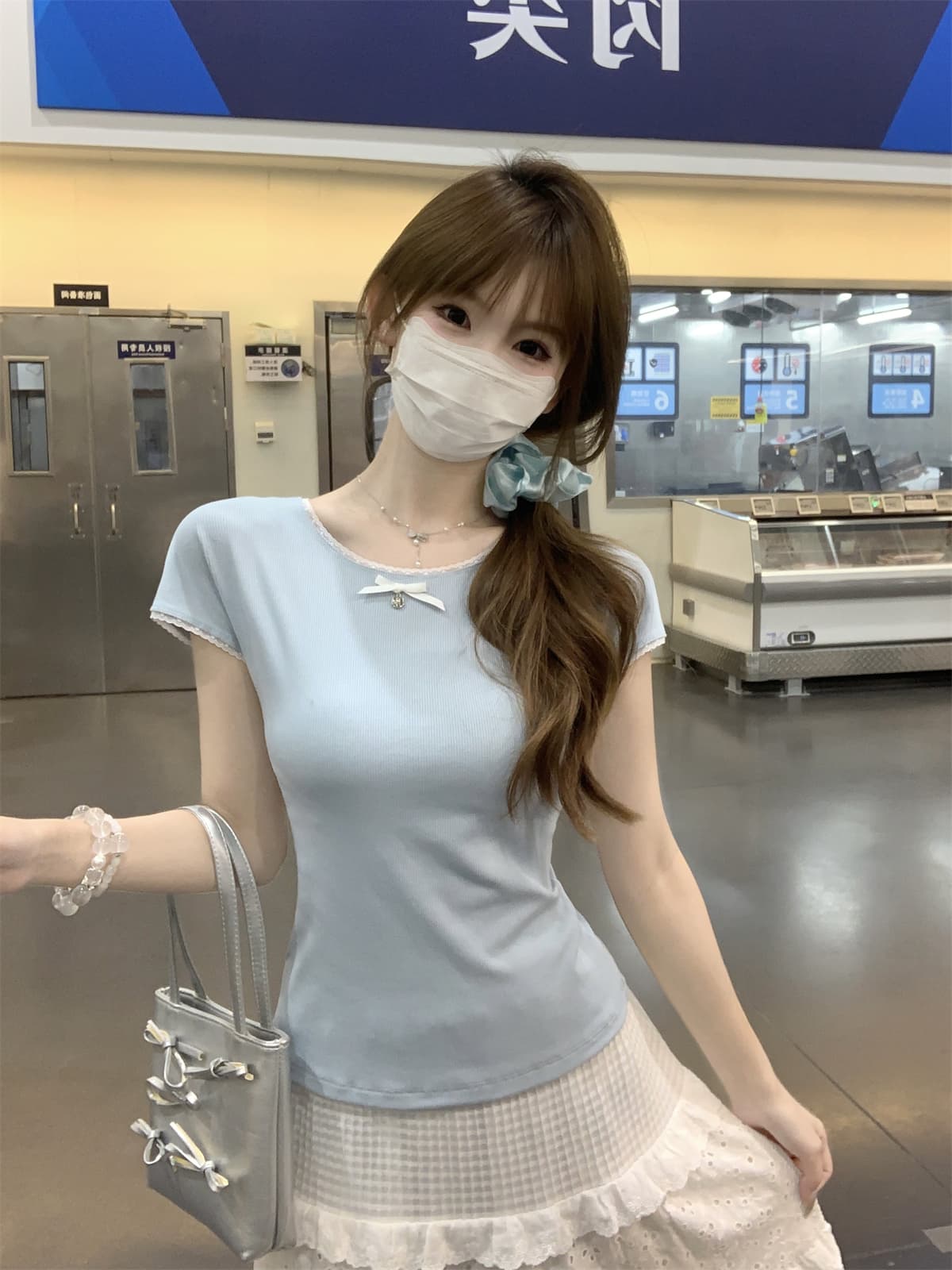 실사 정가 여름 한국 스타일 달콤함 나비 매듭 라운드 넥 레이스 레이스 몸매 가꾸기 슬림해 보이는 반팔 티셔츠 맨위 여성 상세 이미지 20
