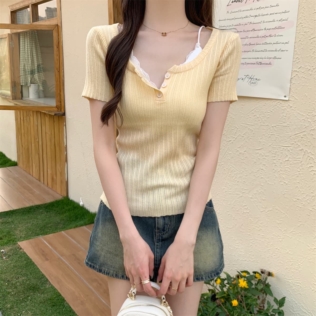 실사 정가 봄 여름 한국 스타일 품격 구덩이 기사 광장 칼라 단추 디자인 6 양모 얇고 가벼운 니트 스웨터 반팔 맨위 상세 이미지 13