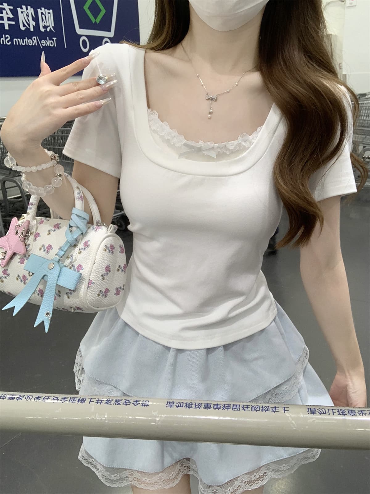실사 정가 여름 한국 스타일 순수한 욕망 부드러운 광장 칼라 레이스 나비 매듭 디자인 센스 몸매 가꾸기 반팔 티셔츠 맨위 상세 이미지 6