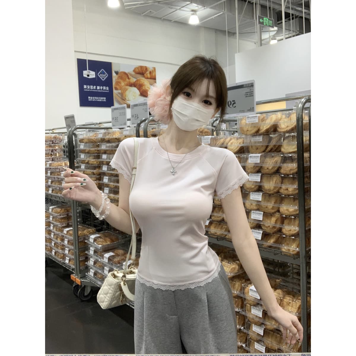 실사 정가 여름 한국 스타일 순수한 욕망 레이스 조각 삽입 어깨 라운드 넥 달콤함 연령 감소 순면 반팔 티셔츠 맨위 이미지 4