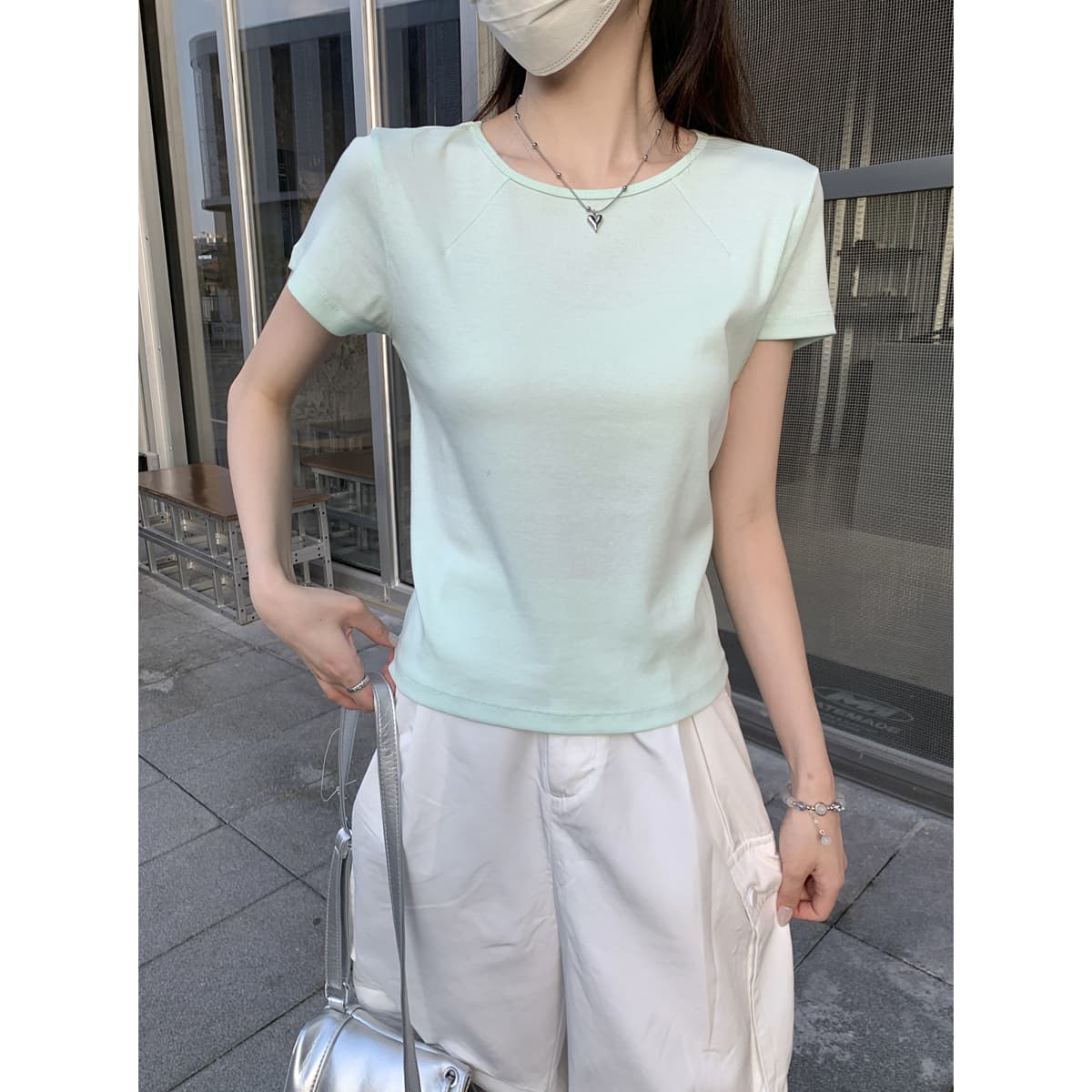 실사 정가 여름 한국 스타일 품격 긍정적 인 어깨 생선뼈 박하 녹색 디스플레이 화이트 다용도 순면 반팔 티셔츠 맨위 이미지 3
