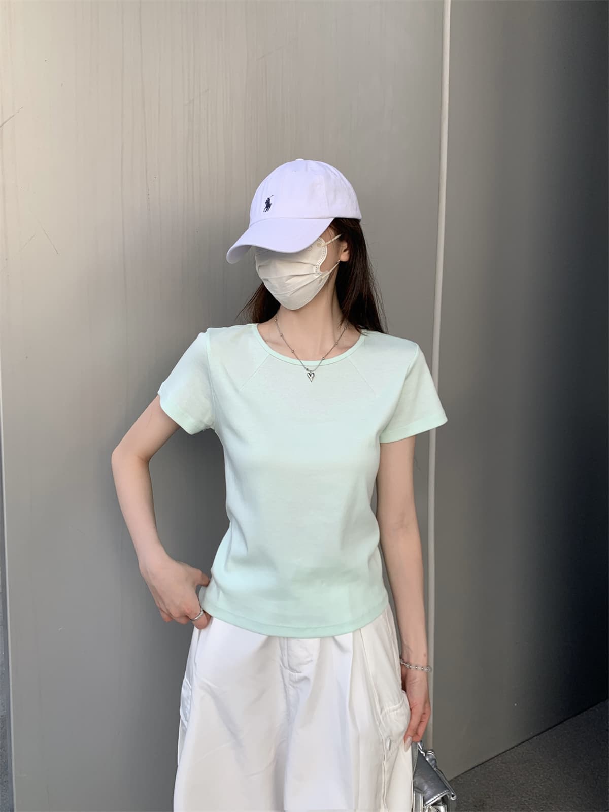 실사 정가 여름 한국 스타일 품격 긍정적 인 어깨 생선뼈 박하 녹색 디스플레이 화이트 다용도 순면 반팔 티셔츠 맨위 상세 이미지 13