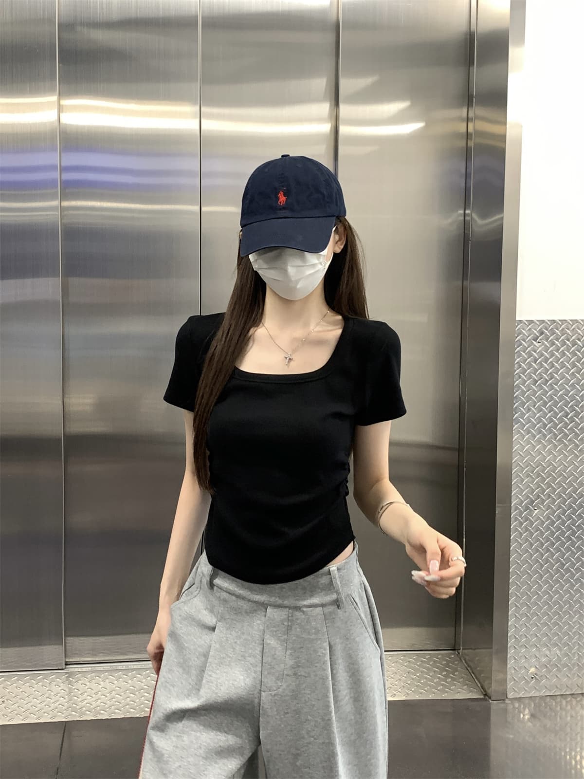 실사 정가 봄 여름 한국 스타일 품격 광장 칼라 몸매 가꾸기 주름 슬림해 보이는 쇼트 스타일 인사이드 가져 가라. 반팔 티셔츠 만나는 맨위 상세 이미지 36