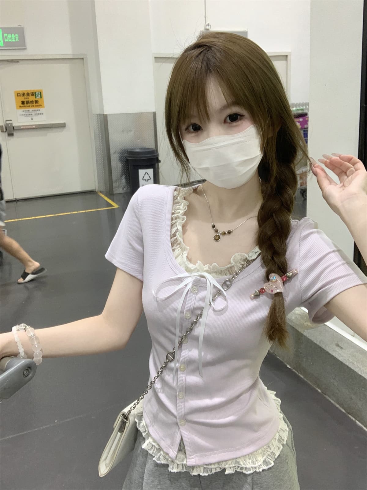 실사 정가 봄 여름 한국 스타일 순수한 욕망 달콤함 레이스 레이스 페이크 레이어드 단추 디자인 반팔 티셔츠 여성 셔츠 상세 이미지 27