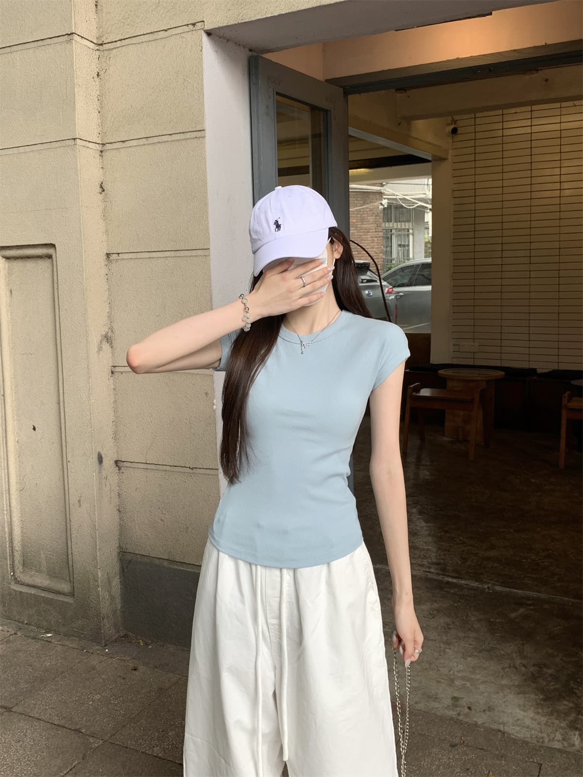 실사 정가 여름 한국 스타일 라운드 넥 몸매 가꾸기 미니멀리즘 다용도 품격 가을 어깨 소매 사탕 색상 반팔 티셔츠 맨위 상세 이미지 24