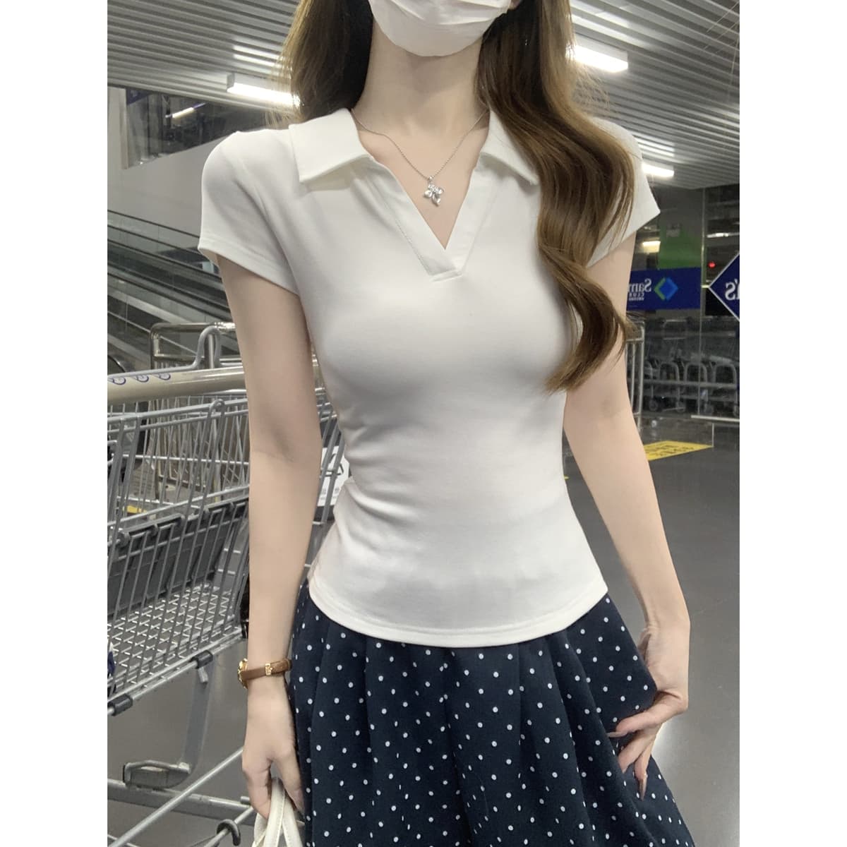 실사 정가 봄 여름 한국 스타일 품격 POLO 칼라 몸매 가꾸기 다용도 순면 긍정적 인 어깨 핫걸 반팔 티셔츠 맨위 여성 이미지 5