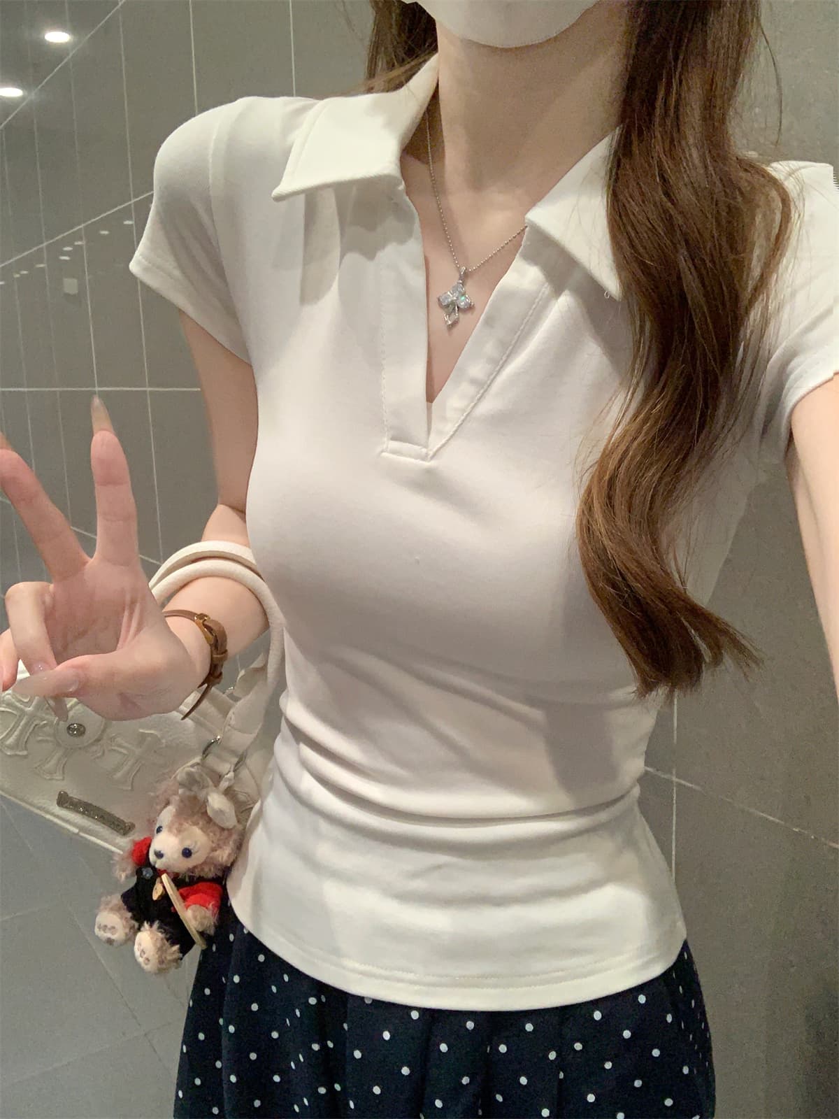 실사 정가 봄 여름 한국 스타일 품격 POLO 칼라 몸매 가꾸기 다용도 순면 긍정적 인 어깨 핫걸 반팔 티셔츠 맨위 여성 상세 이미지 13